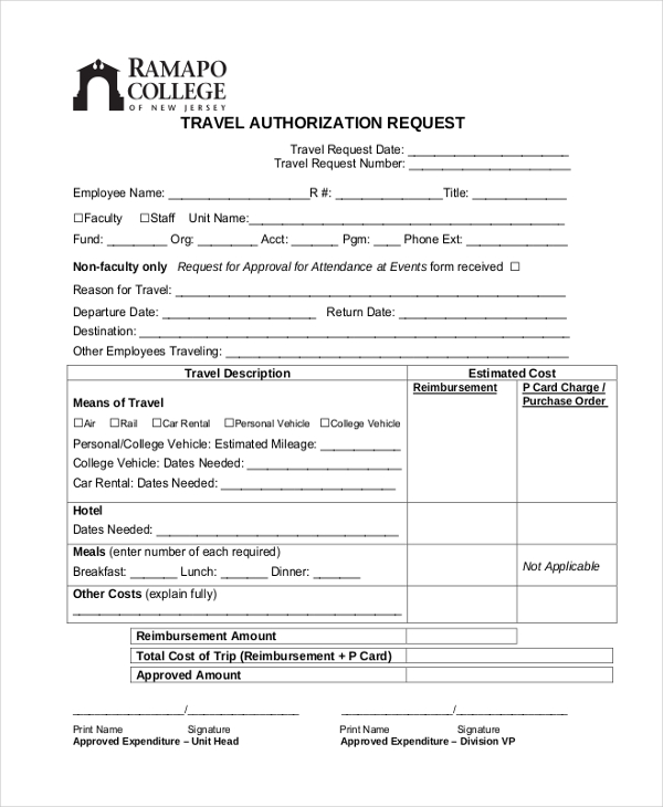college travel authorization form
