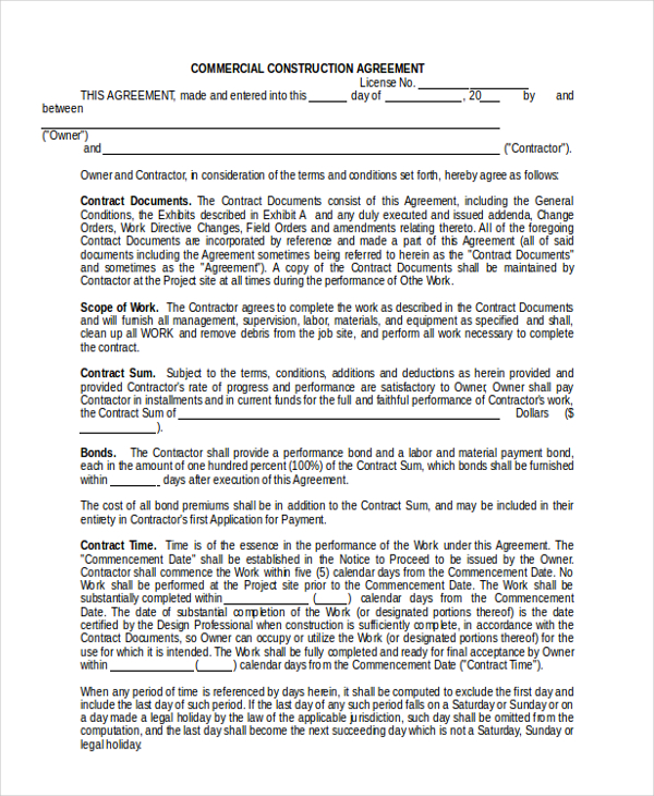 commercial construction agreement form
