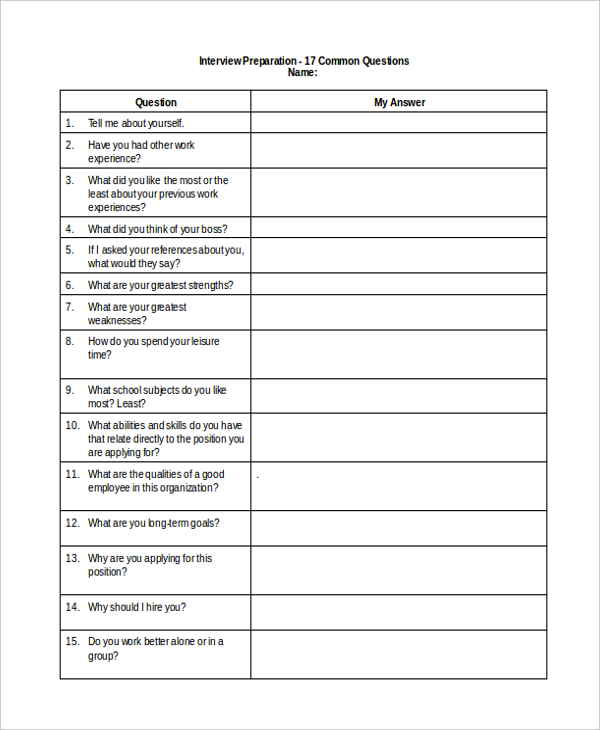 Printable Interview Questions Template