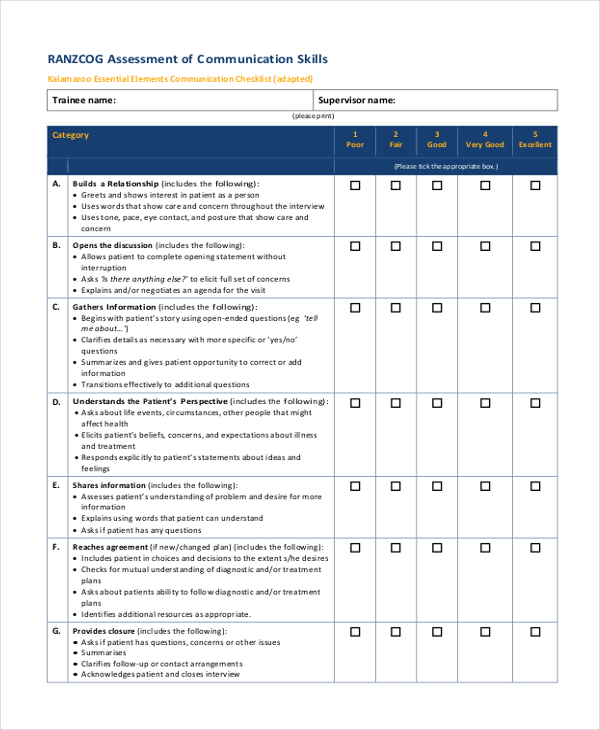 communication skills assessment form