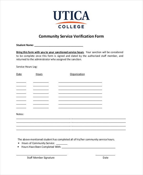 community service verification form