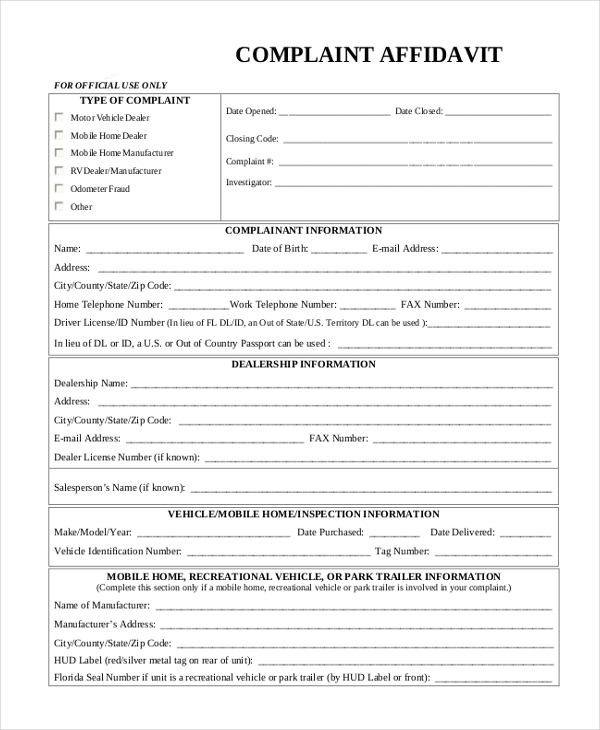 complaint affidavit form