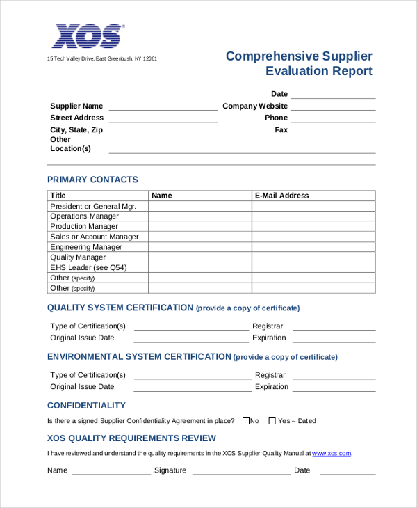 comprehensive supplier evaluation report