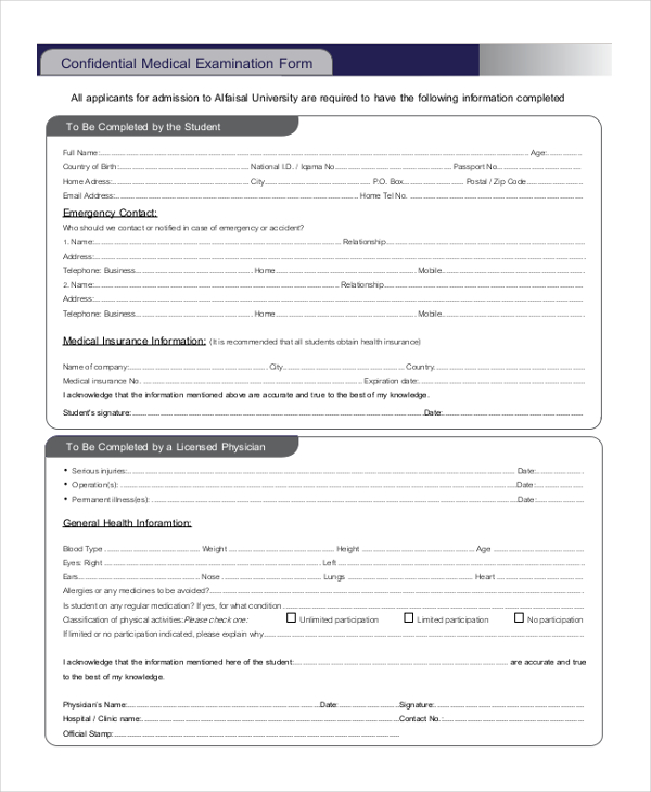confidential medical examination form