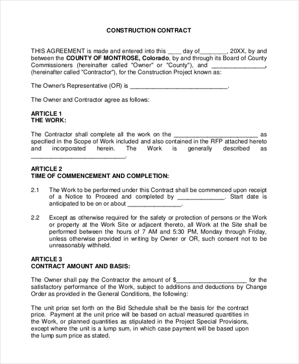 construction contract agreement form