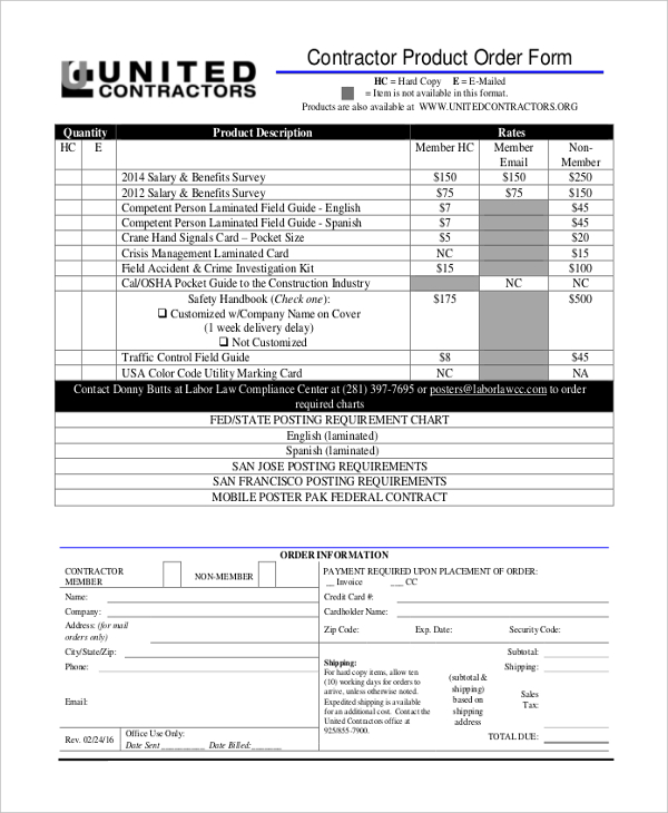 contractor product order form