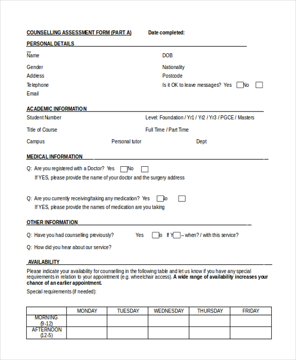 counselling assessment form