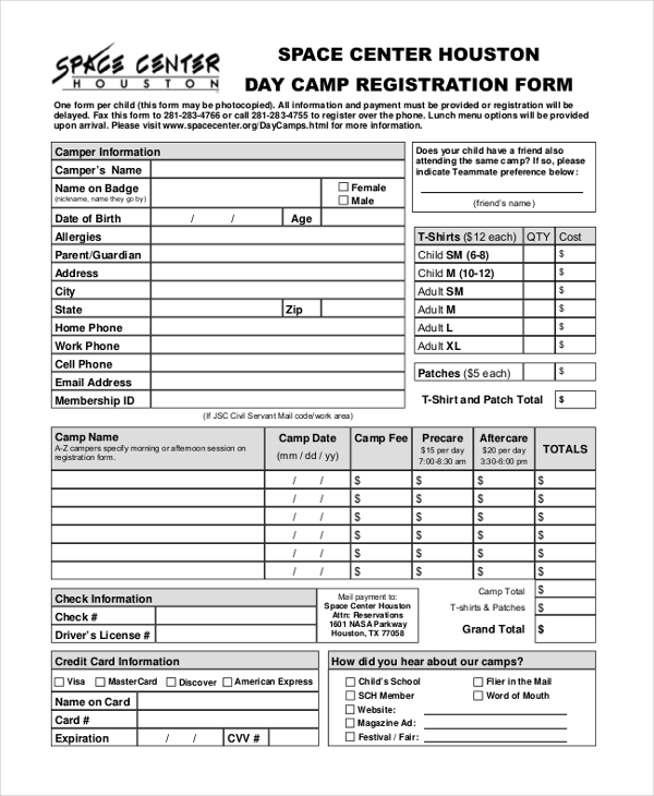 day camp registration form