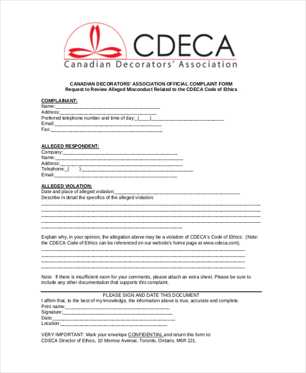 decorators’ association official complaint form