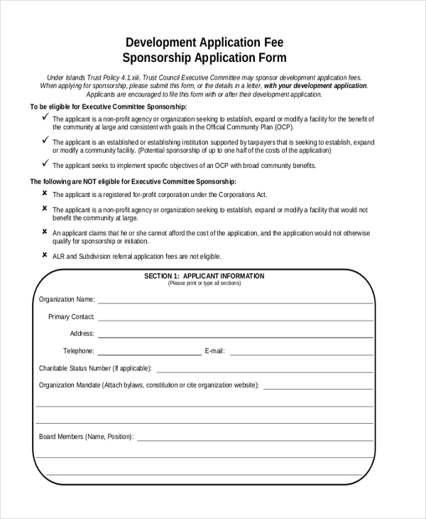 development application fee sponsorship application form