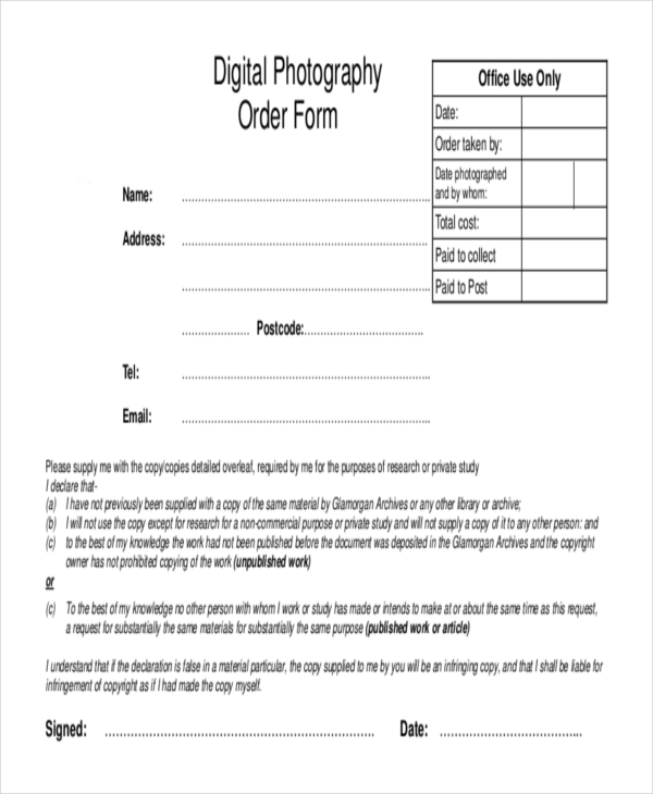 digital photography order form