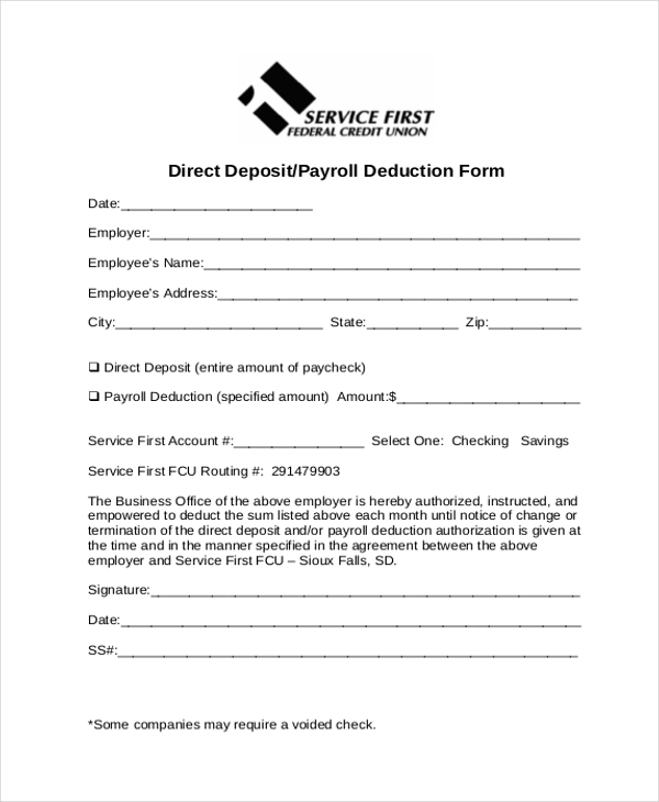 direct deposit payroll deduction form