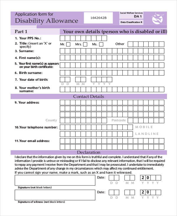 disability allowance application form