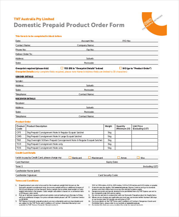 domestic prepaid product order form