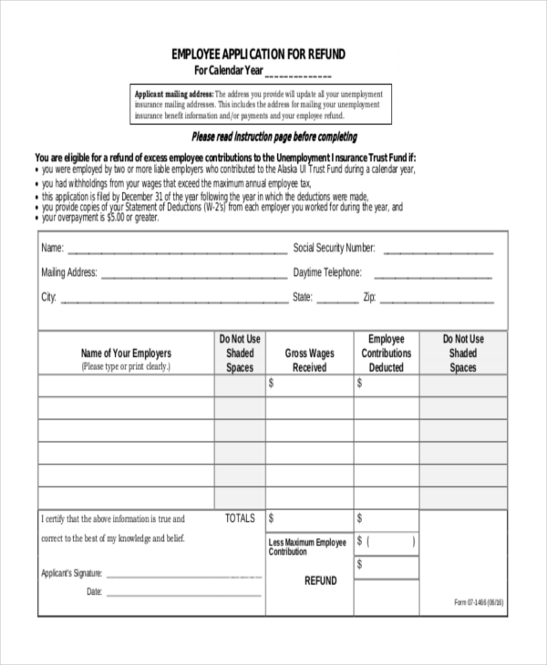 employee application for refund