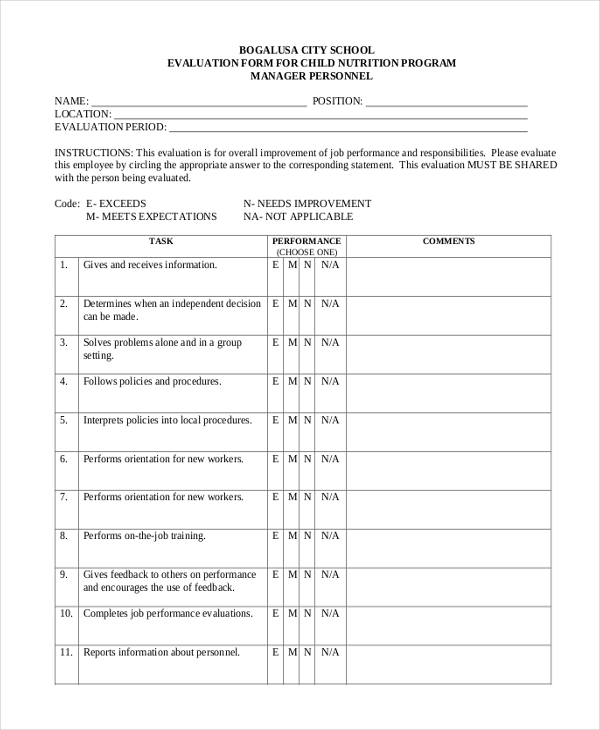 evaluation form for child nutrition program