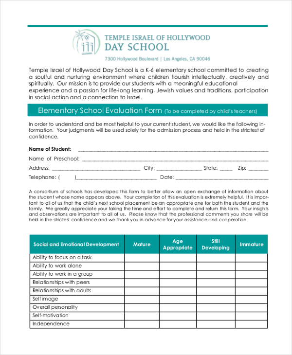 elementary school evaluation form