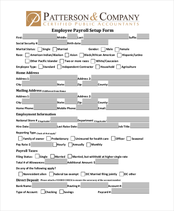 employee payroll setup form