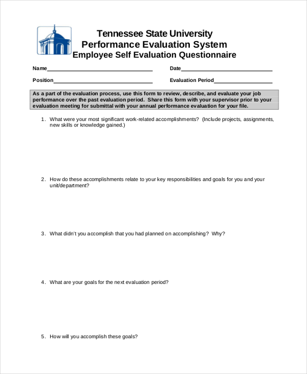 Free 11 Sample Employee Self Evaluation Forms In Pdf Ms Word Excel 