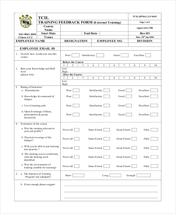 employee training feedback form