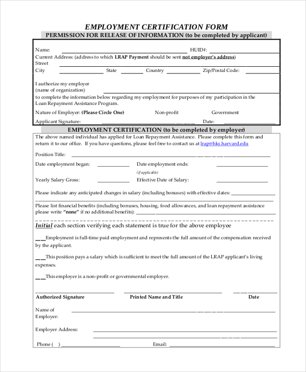 employment certification form