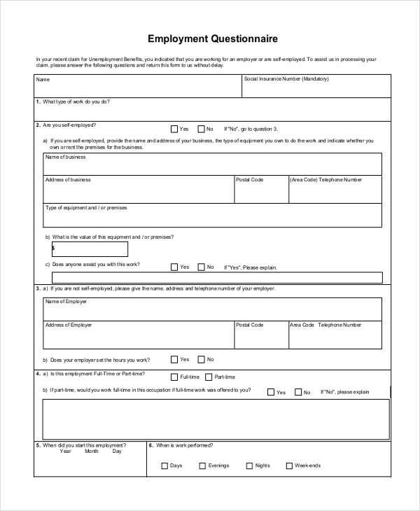 employment questionnaire form