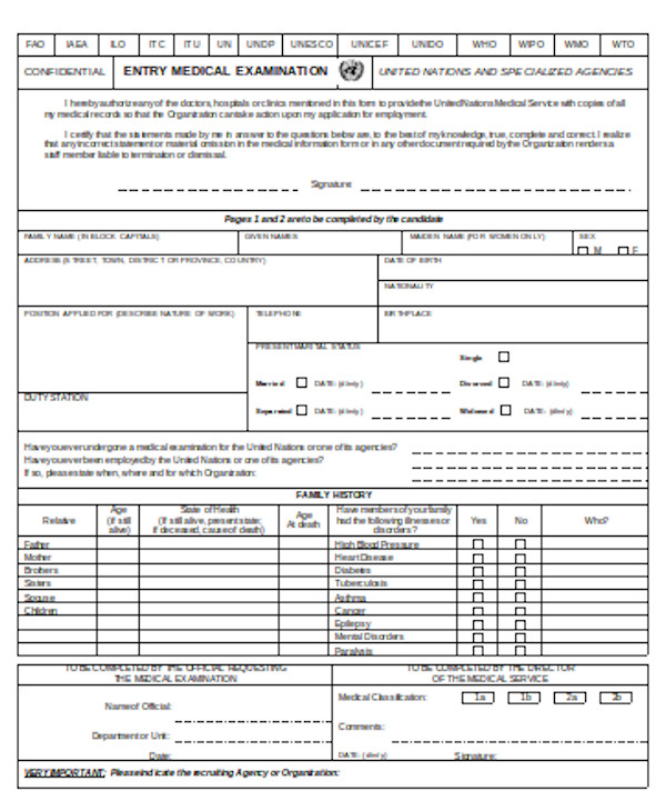 entry medical examination form