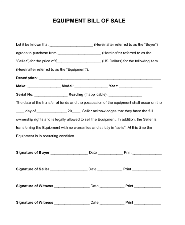 equipment bill of sale form