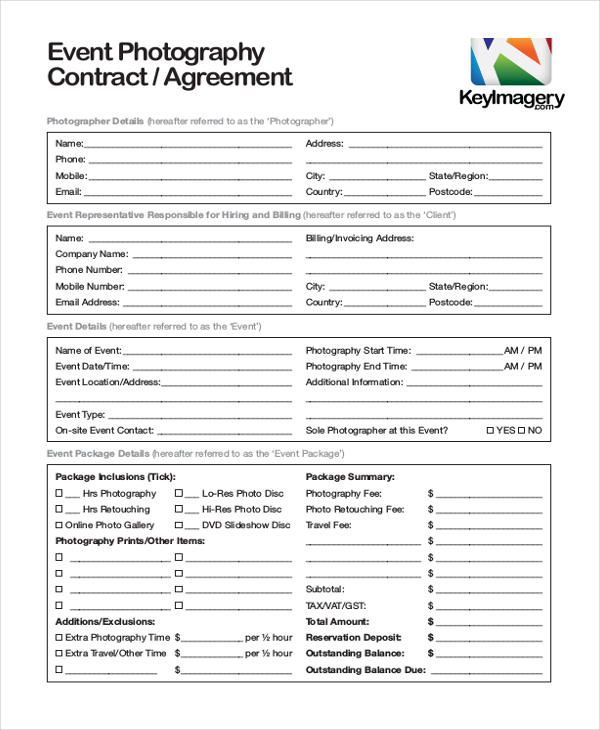 event photography agreement