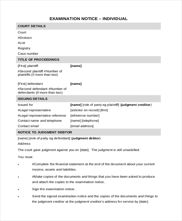 examination notice form