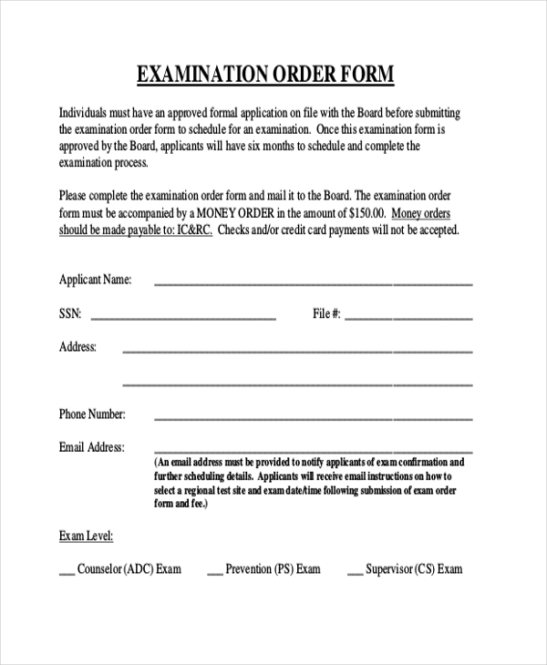 examination order form