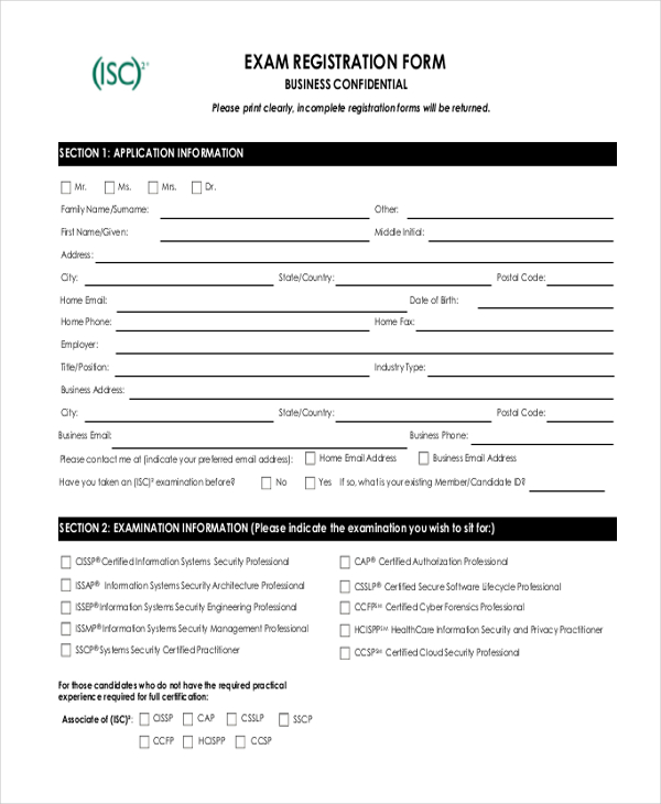 examination registration form
