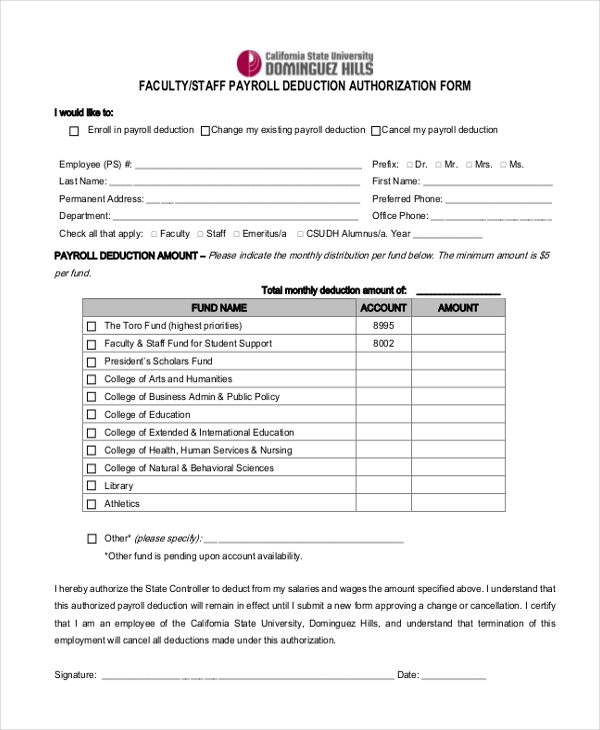 faculty staff payroll deduction authorization form