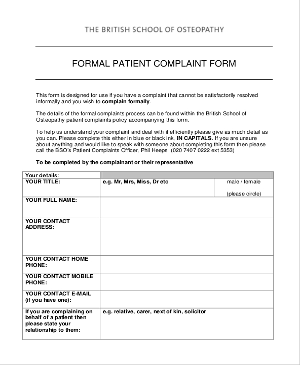 FREE 11+ Sample Patient Complaint Forms in PDF Word