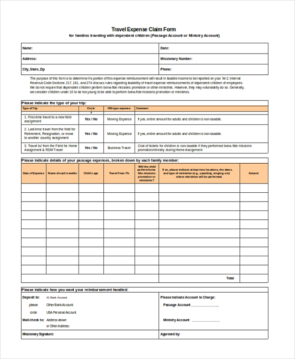 travel expenses claim form