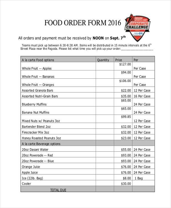 Printable Food Order Form Template