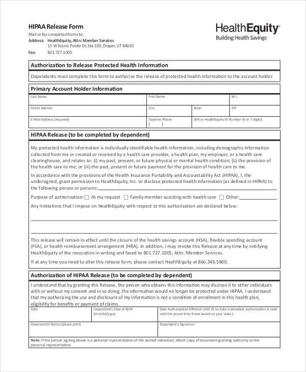 Free 11 Hipaa Release Form Samples In Pdf Ms Word 1550