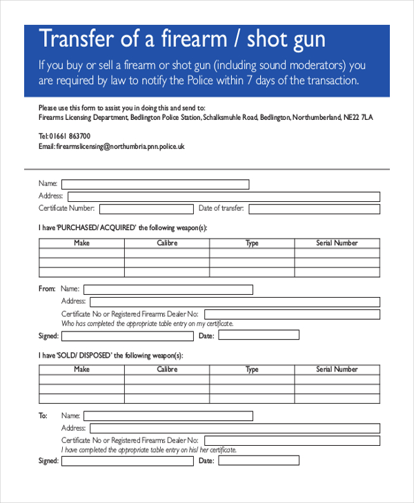 Printable Gun Transfer Form Printable Forms Free Online 7584