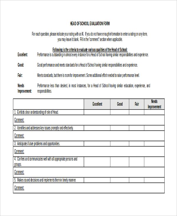 head of school evaluation form