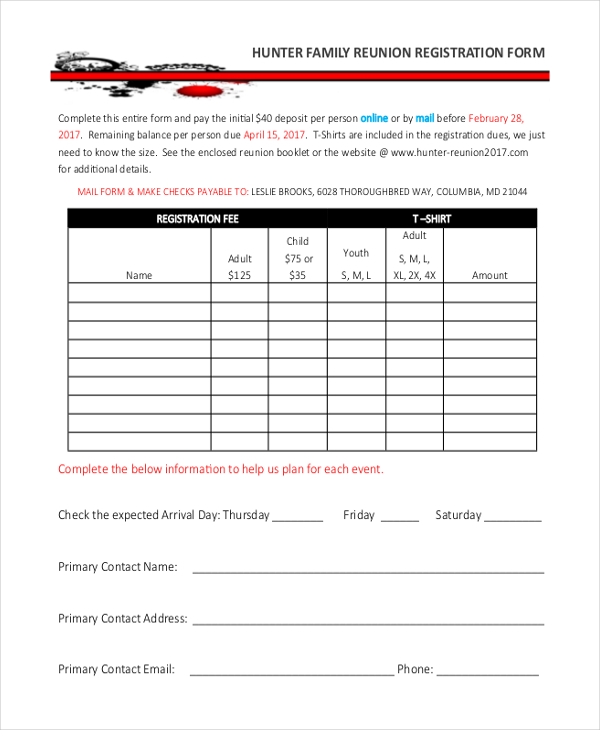 Free 10 Sample Family Reunion Registration Forms In Pdf Ms Word Excel