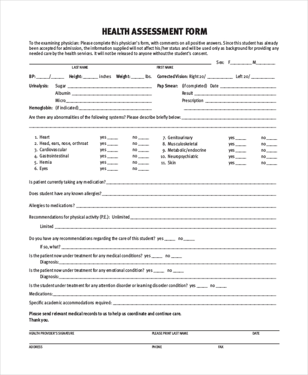 health assessment form