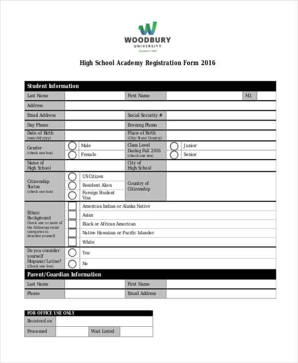 high school academy registration form