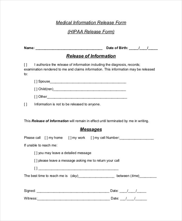 Free Printable Hipaa Release Form Printable Forms Free Online 6268