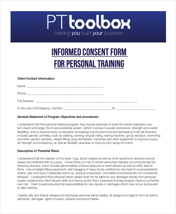 informed consent form for personal training