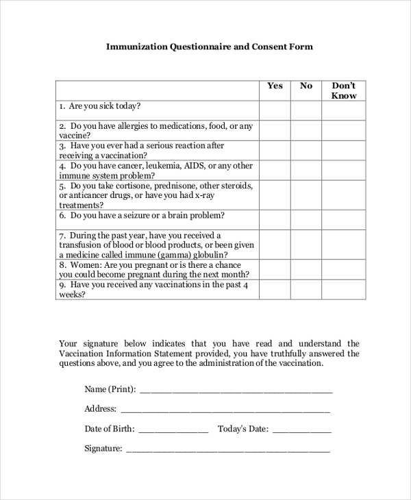 immunization questionnaire and consent form