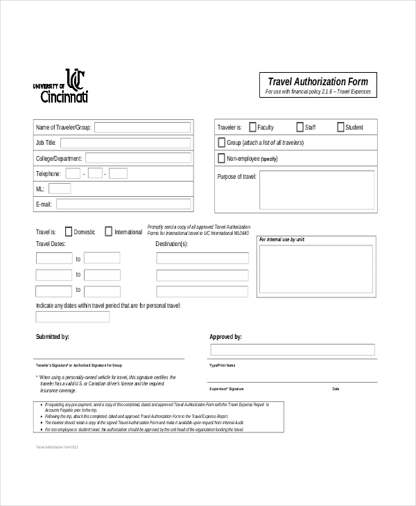 FREE 11+ Sample Travel Authorization Forms in PDF MS Word Excel