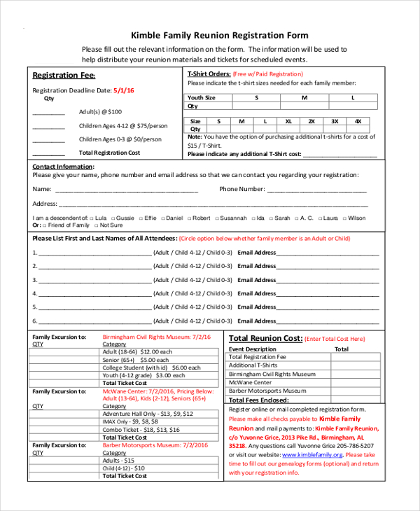 FREE 10  Sample Family Reunion Registration Forms in PDF MS Word Excel