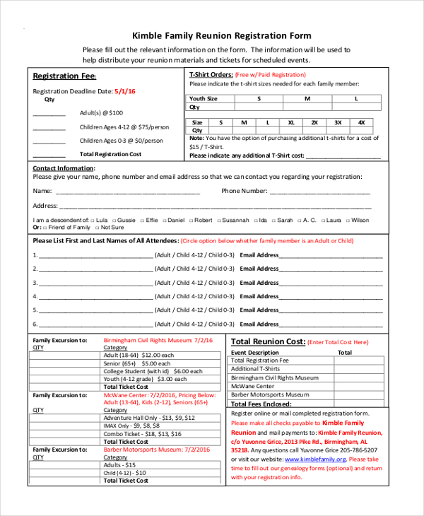 FREE 10 Sample Family Reunion Registration Forms In PDF MS Word Excel