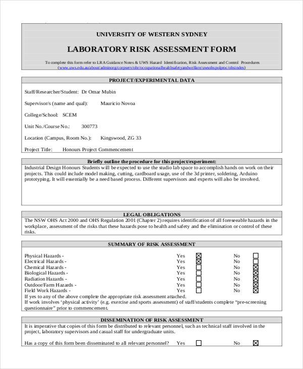 laboratory risk assessment form