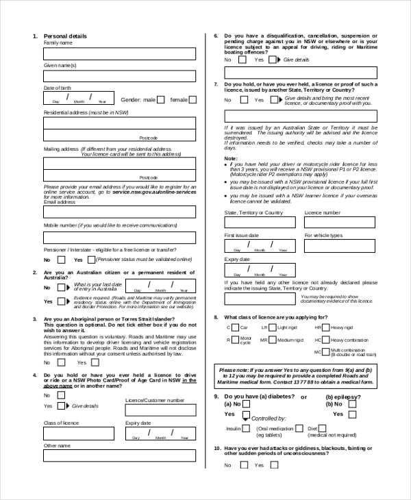 licence application form